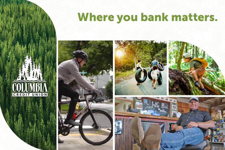 A collage of member photos and the Columbia Credit Union logo under a title that says "Where you bank matters."