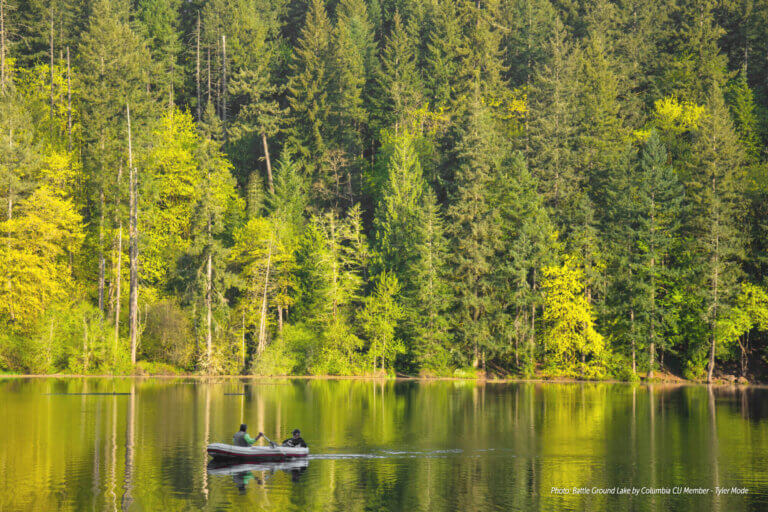 Two men sitting in a rowboat on Battle Ground Lake, taken by Columbia CU Member Tyler Mode