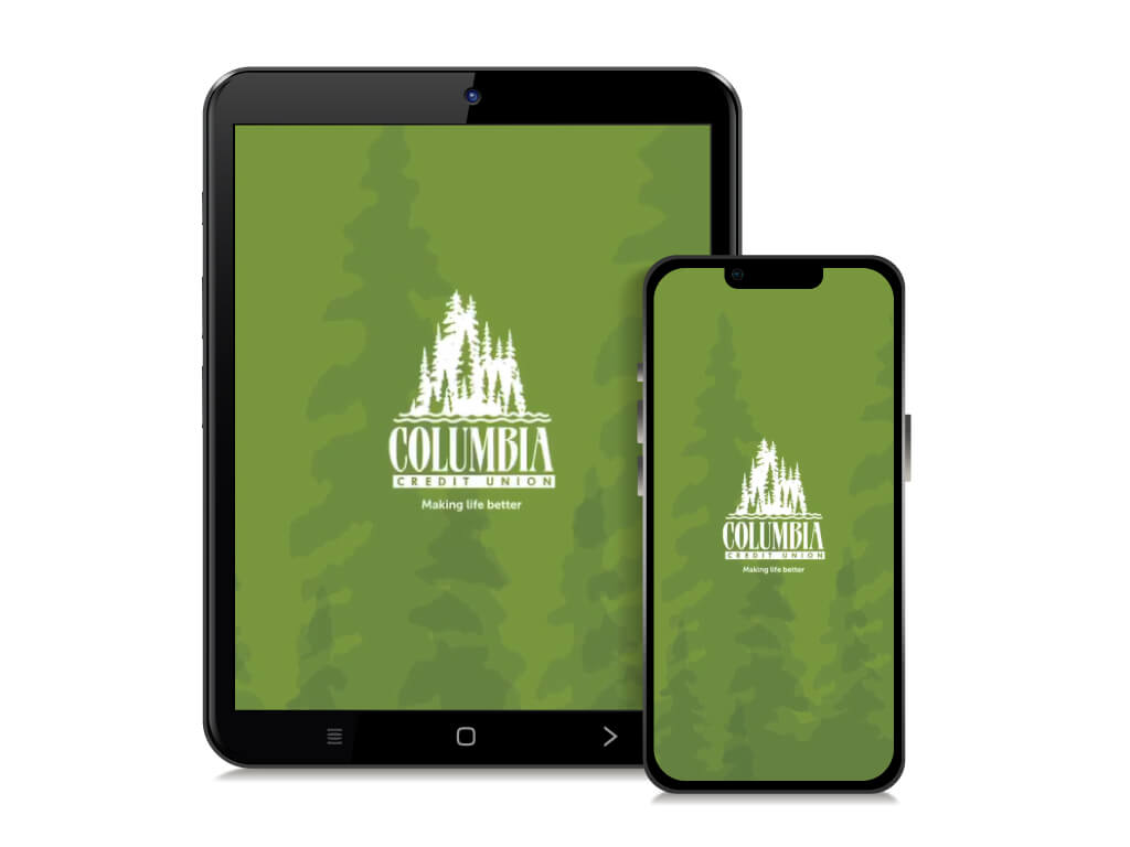 Columbia Credit Union app icon displayed on a tablet and smartphone