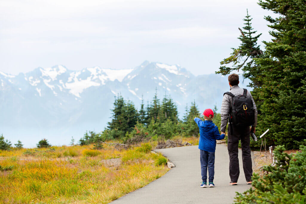 A father and son enjoying the view at Olympic National Park.